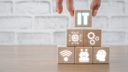 Consulting business concept, Cubes wooden block with VR screen IT Consulting icon, robotic process...