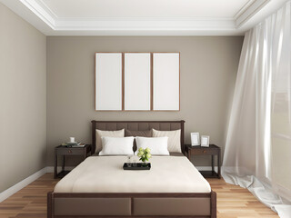 Bedroom interior mockup with 3 blank frames, and brown painted wall. 3d rendering. 3d illustration