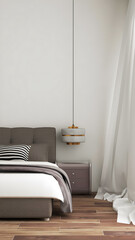 Bedroom interior mockup with gray bed and hanging lamp. 3d rendering. 3d illustration