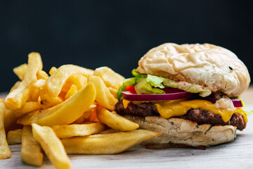 hamburger with french fries and potato bun