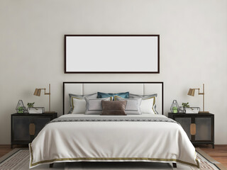 Bedroom interior mockup long frame above bed. 3d rendering. 3d illustration