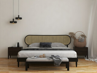 Bedroom interior mockup with rattan bed and hanging lamps. 3d rendering. 3d illustration - obrazy, fototapety, plakaty