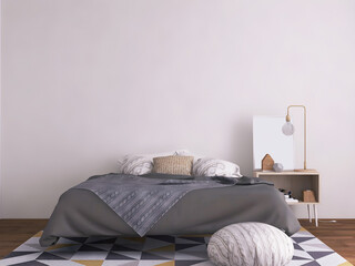 Simple bedroom interior mockup. with gray blanket 3d rendering. 3d illustration