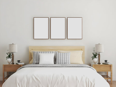 Bedroom interior mockup with 3 blank frames and wooden bed. 3d rendering. 3d illustration