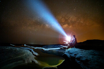 aurora over the sea.Man and milky way with Many stars.