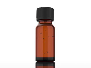 skincare container, 10 ml. - 15 ml. clear and shiny brown glass bottle with closed rough black cover filled with clear liquid on white background. 3d rendered.