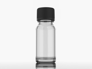 skincare container, clear and blank 10 ml. - 15 ml. glass bottle with closed rough black cover on white background. 3d rendered.