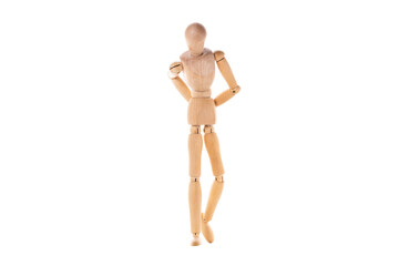 wooden man walks sad with his hands behind his back isolated on white background