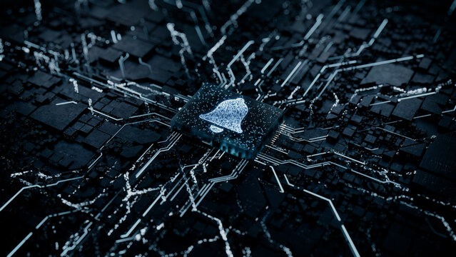 Alert Technology Concept with bell symbol on a Microchip. Data flows from the CPU across a Futuristic Motherboard. 3D render.