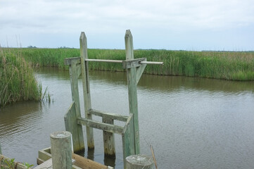 Trunk on a Santee Delta canal near Georgetown, South Carolina. Trunks are large water-control devices used for regulating water levels on tidal rice fields. 