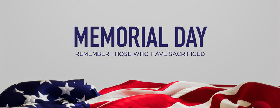 American Flag Banner with Memorial Day Caption on White. Authentic Holiday Background.