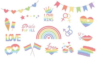 Set of icons for Pride Month design. Rainbow color icons collection for Happy Pride Month festival. Vector illustration.