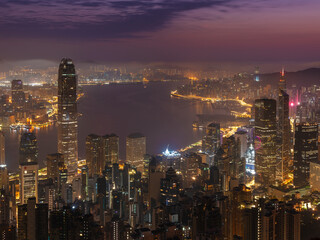 Victoria harbor of Hong Kong city at dawn
