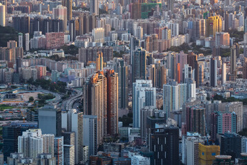 Obraz premium Aerial view of Hong Kong city at dusk