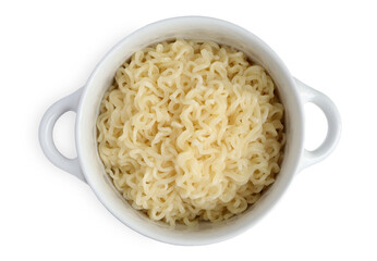 Closeup of Instant noodles in a white bowl isolated on white background with clipping path. Top view. Home cooking. 
