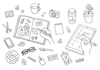 ノートとタブレットにスクラップやメモしているイラスト（モノクロ）