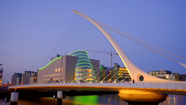 Samuel Beckett Bridge and Convention Center in Dublin - evening view - CITY OF DUBLIN, IRELAND - APRIL 20, 2022