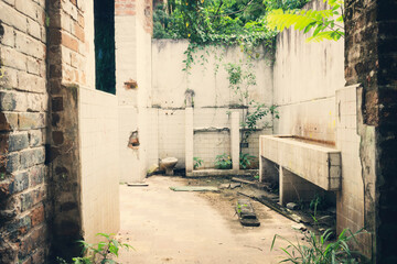 Interior view of the abandoned bathroom.