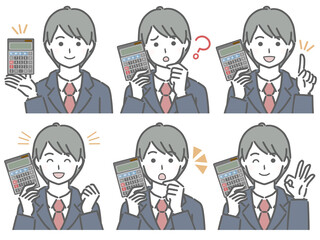 電卓を手に持つスーツの若い男性
