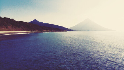 Aerial drone view of Satsuma Peninsula and Mt.Kaimon
(Kaimondake) in Kagoshima, Japan