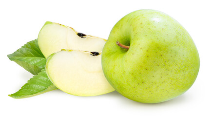 Green Apple with leaves isolated on white background, Green Apple with sliced on white background With clipping path.