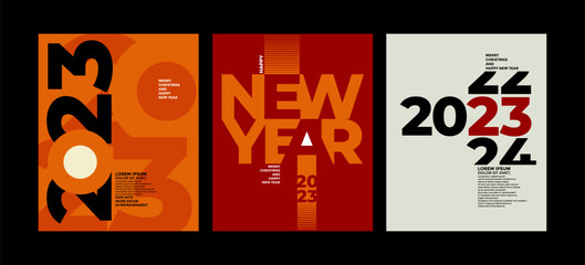 2023 Colorful set of Happy New Year posters. Abstract design with typography style. Vector logo 2023 for celebration and season decoration, backgrounds for branding, banner, cover, card and more.