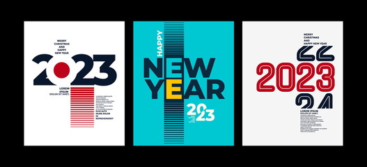 2023 Colorful set of Happy New Year posters. Abstract design with typography style. Vector logo 2023 for celebration and season decoration, backgrounds for branding, banner, cover, card and more.