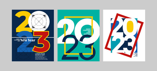 2023 Colorful set of Happy New Year posters. Abstract design with typography style. Vector logo 2023 for celebration and season decoration, backgrounds for branding, banner, cover, card and more.