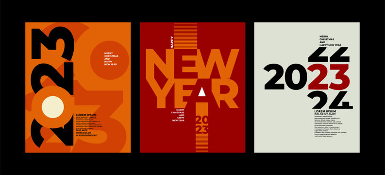 2023 Colorful Set Of Happy New Year Posters. Abstract Design With Typography Style. Vector Logo 2023 For Celebration And Season Decoration, Backgrounds For Branding, Banner, Cover, Card And More.