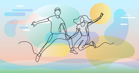 continuous line drawing of happy young couple jumping
