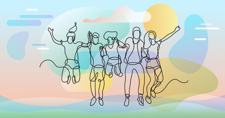 Fototapeta na wymiar continuous line drawing of happy group of students jumping