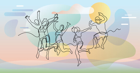 Obraz na płótnie Canvas continuous line drawing of happy jumping guys