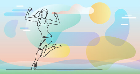 continuous line drawing of happy running athlete woman