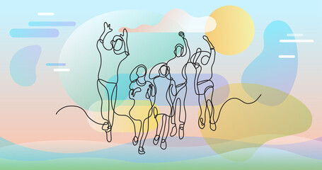continuous line drawing of happy jumping group of young kids