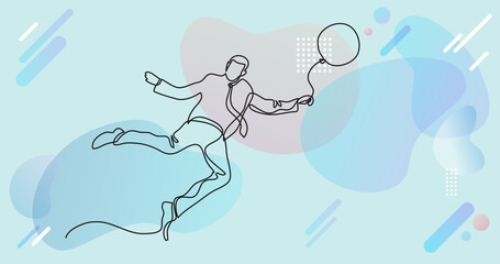 businessman flying with balloon - single line drawing