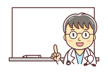 ホワイトボードと男性医師のイラスト（医者・説明する）