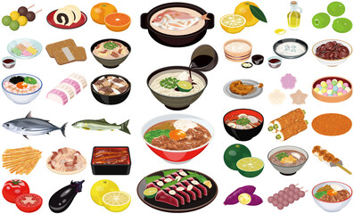 四国の人気グルメ・名産のアイコン①（鰹のたたき、讃岐うどん、鯛めし、徳島らーめん）