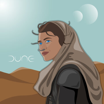 Chani from the movie "Dune". American actress Zendaya vector illustration. woman and sand desert dune. Freman character. Denis Villeneuve's film.