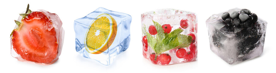 Frozen fruits in ice cubes on white background