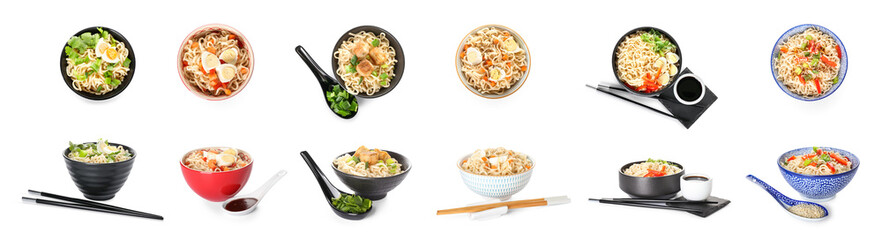 Set of bowls with tasty Chinese noodles on white background