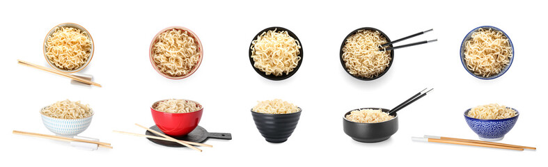 Set of bowls with tasty Chinese noodles on white background