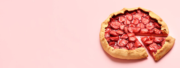 Tasty strawberry pie on pink background with space for text