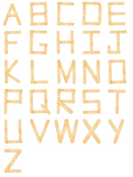 English alphabet made of wooden ice cream sticks on white background