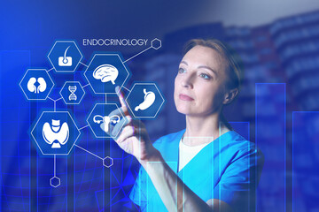 Female endocrinologist using virtual screen on blue background
