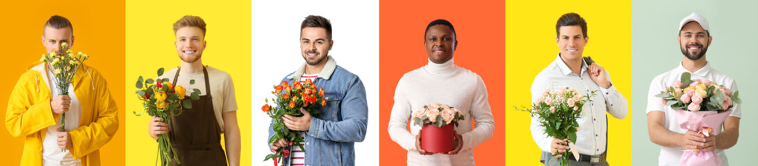 Group of happy men with beautiful bouquets of flowers on color background