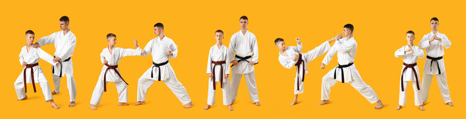 Set of karate instructor and his student on yellow background