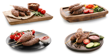 Set of skewers with tasty lula kebab isolated on white - obrazy, fototapety, plakaty