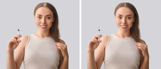 Young woman with syringe before and after hair loss treatment on grey background