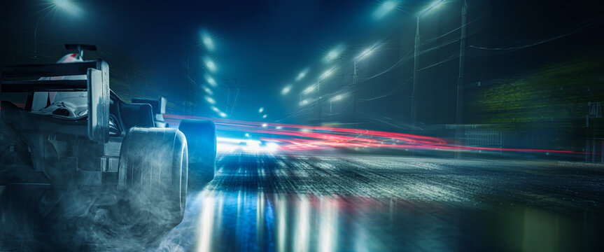 Modern Fast Racing Car On Night City Street