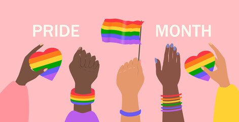 vector illustration in a flat style on the theme of the lgbt community, pride month. Hands of people of different races holding rainbow hearts and flags - obrazy, fototapety, plakaty